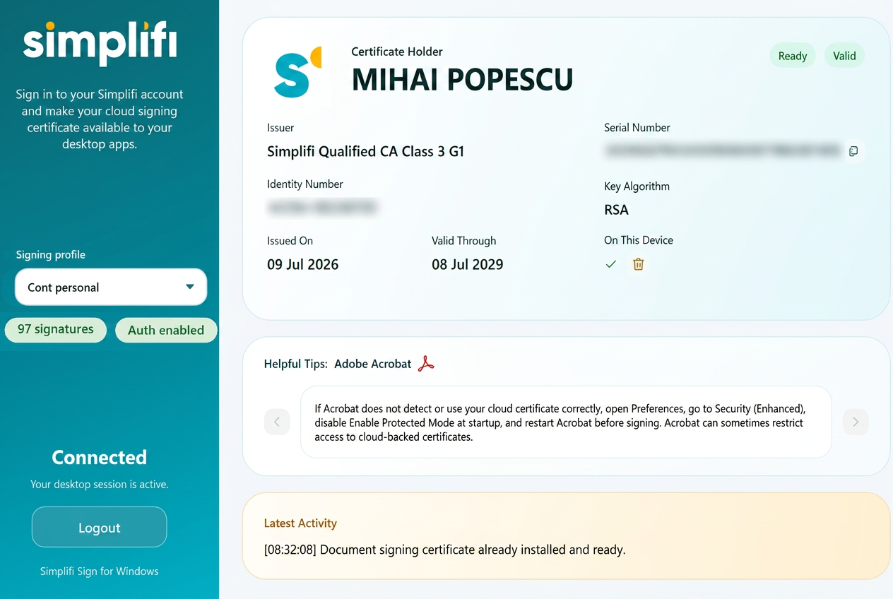 Aplicația Simplifi Sign pentru Windows conectată la contul Simplifi